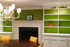 Custom Built Cabinets, Shelves, Wainscoting finished in Benjamin Moore Aura Satin Super White Spray Finish.