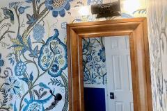 Blue and Yellow Paisley and Flower Wallpaper in Bathroom