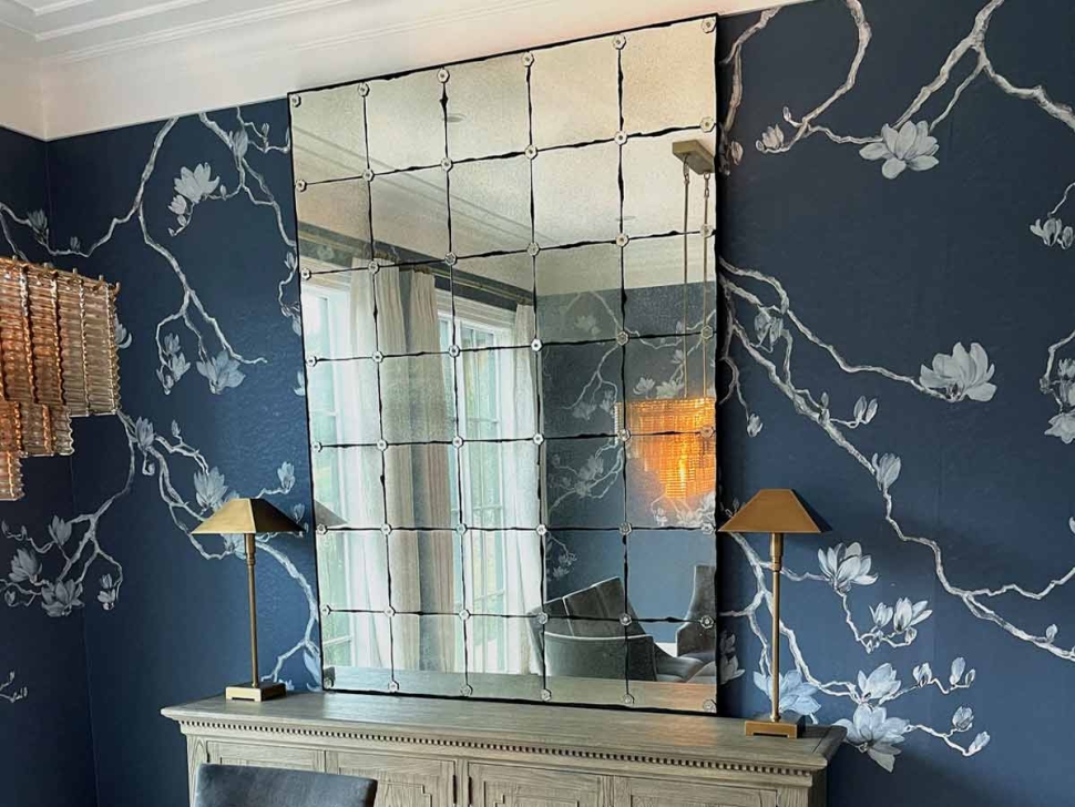 Phillip Jeffries Blossom Wallpaper around mirror