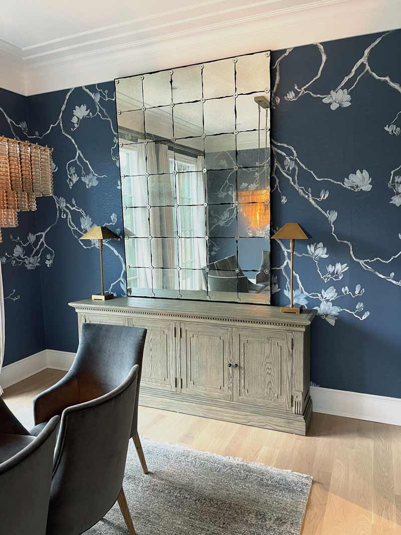 Phillip Jeffries Blossom Wallpaper around mirror in Dining Rom