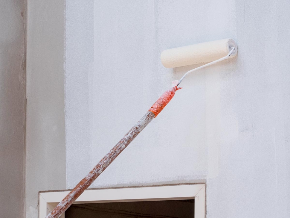 Priming paint being rolled onto a wall